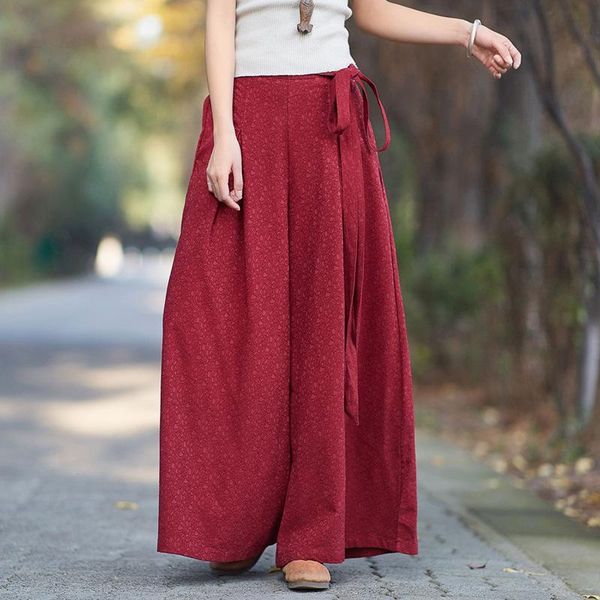 

women's pants & capris vintage solid color wide leg 2021 spring cotton big size jacquard elastic waist female fashion trousers, Black;white