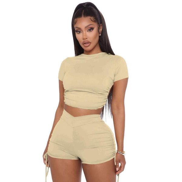

women's tracksuits european and american fashion 2021 summer short-sleeved shorts halter pleated sports suit, Gray