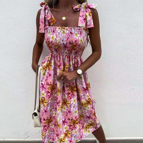 

casual dresses off shoulder draped sling party dress women spring polka dot print a-line summer tie-up bow sleeveless beach, Black;gray