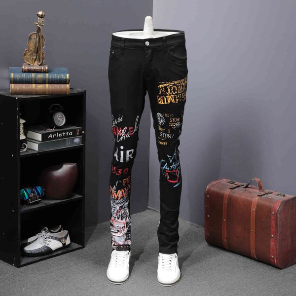 

men's jeans black printing elastic force leisure time male brand personality directly canister self-cultivation long flower p, Blue