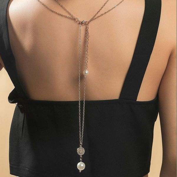 

pendant necklaces trendy female gold color metal long chain white pearl pendants multilayer layered back for women party jewelry gift, Silver