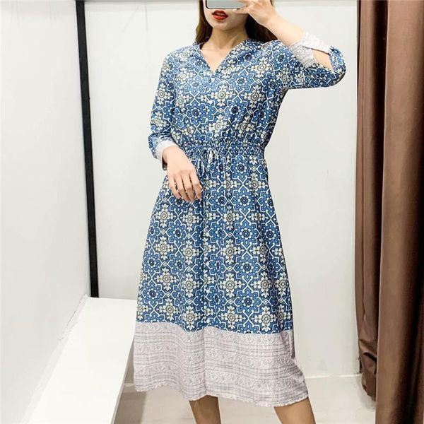 

casual dresses vintage floral pattern print midi dress v neck long sleeve female 2021 straight vestidos, Black;gray