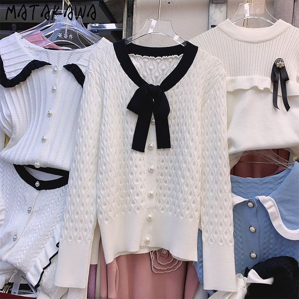 

matakawa sweet temperament bowknot woman sweaters color-blocking o-neck pullovers long-sleeved pearl button loose pull femme 210513, White;black