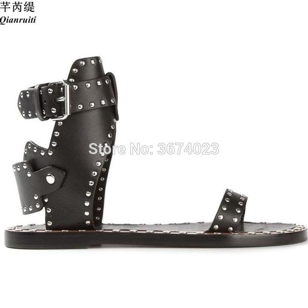 

qianruiti summer casual heels buckle strap gladiator sandals open toe stud rivets punk shoes women bohemia sandles rome, Black