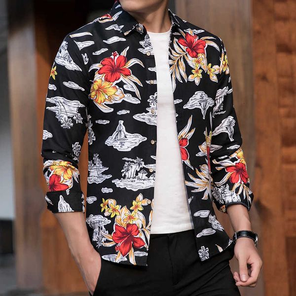 

men's casual shirts plus size 5xl 6xl 7xl hawaiian men fashion long sleeve flower shirt male brand clothes 75pt, White;black