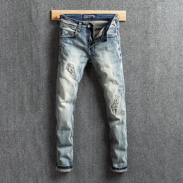 

men's jeans european vintage fashion men retro light gray blue elastic slim fit ripped patch designer casual denim pants