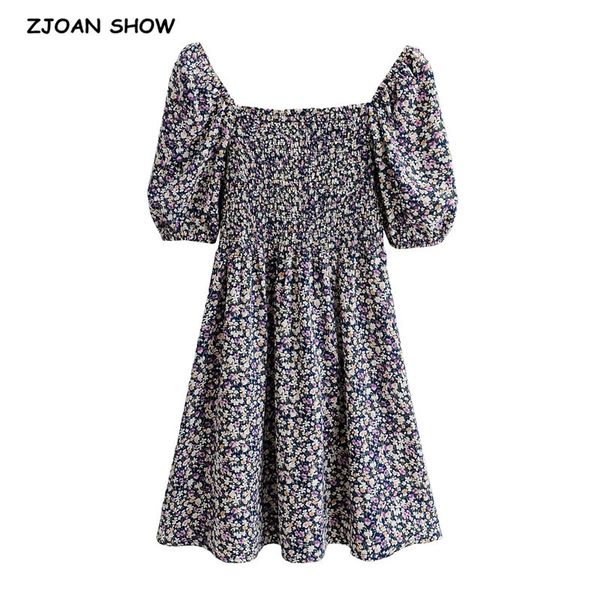 

casual dresses 2021 holiday hit color floral print elastic ruched dress woman short puff sleeve swing a line mini j0h5, Black;gray