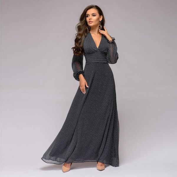 

casual dresses 2021 boho dress black v-neck high waist polka dot printing long sleeve fashion slim temperament, Black;gray