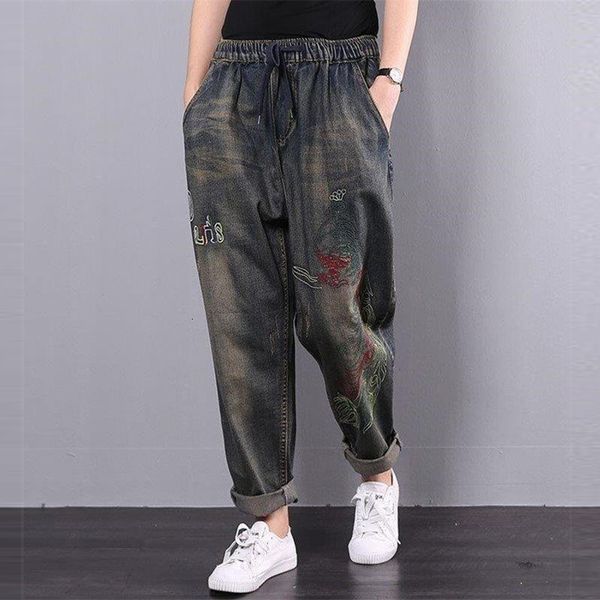 

jeans fall winter female-style elastic waistline hare breech embroidered breeches vintage cotton casual denim pants size d427, Blue