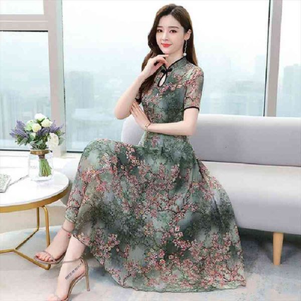 

fashion women floral print dress vintage short sleeve casual dress women cheongsam party, Black;gray