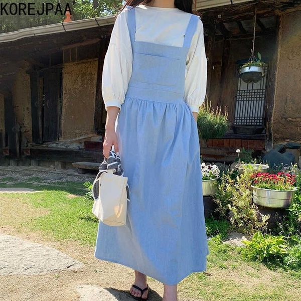 

korejpaa women set summer korean chic niche simple round neck loose puff sleeve shirt square neck tie waist suspender dress 210526, White