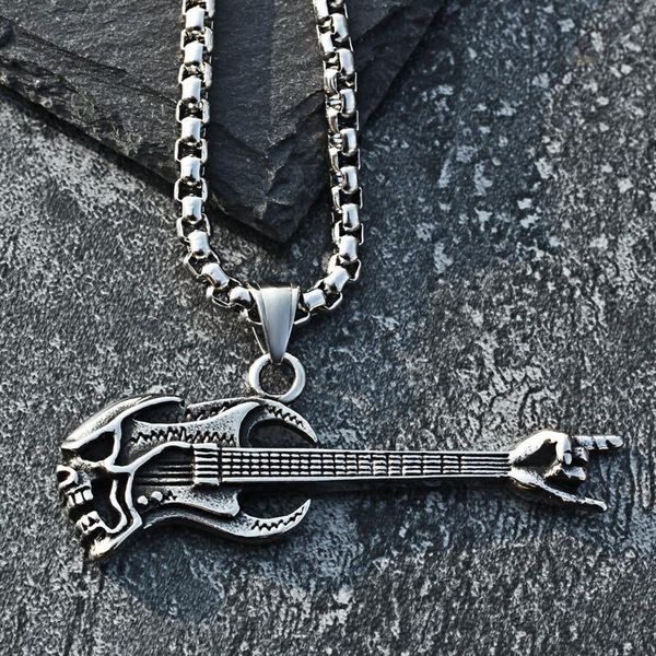 

chains rock skull guitar pendant retro music personality instrument titanium steel necklace boys jewelry, Silver
