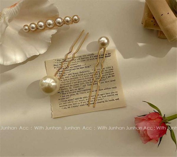 

hair clips & barrettes 2021 fashion korean version ins women's simple pearl daily temperament sweet delicate hairpin u-shaped fork acce, Golden;silver