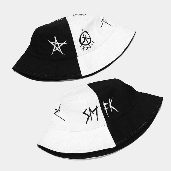 

wide brim hats hip hop bucket hat women harajuku black white stitching pattern sunscreen panama sun outdoor fisherman beach cap, Blue;gray
