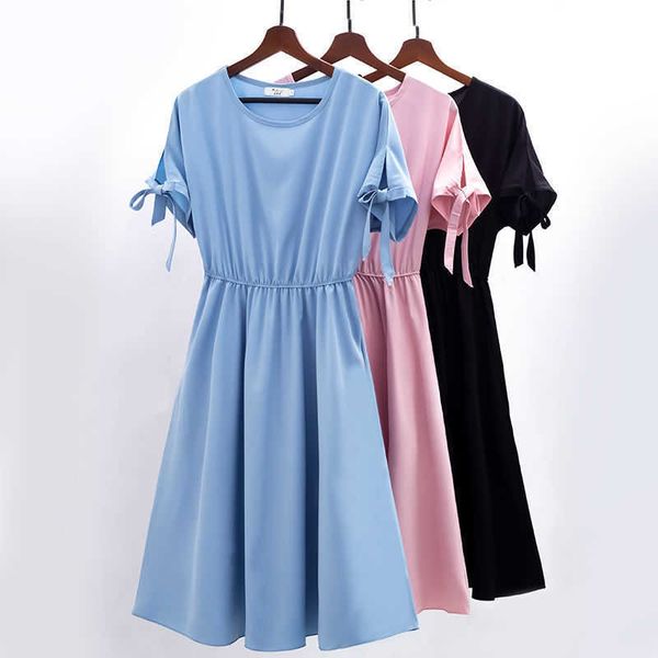 

summer chiffon dress casual solid o neck bow short sleeve elastic waist a-line blue lady boho beach party es vestidos 210526, Black;gray