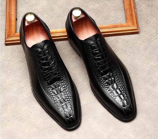 

men cowskin alligator dress shoes loafers luxury genuine leather red bottom embossed leather lace-up wedding flats shoes british style, Black