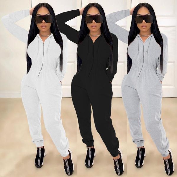 

autumn winter women casual fashion solid with hood long sleeve sports jumpsuit playsuit rompers plus size women's jumpsuits &, Black;white