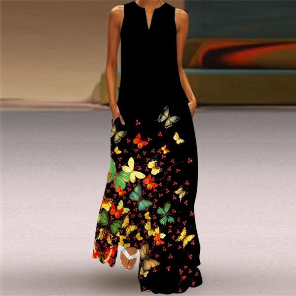 

casual dresses 40# butterfly printed plus size long dress sleeveless v-neck party maxi with pockets summer vintage cami robe femme, Black;gray