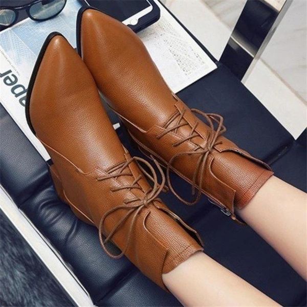 

boots concise ankle women chunky square heel side lace-up footwear point toe decor sewing autumn spring casual 35-41, Black