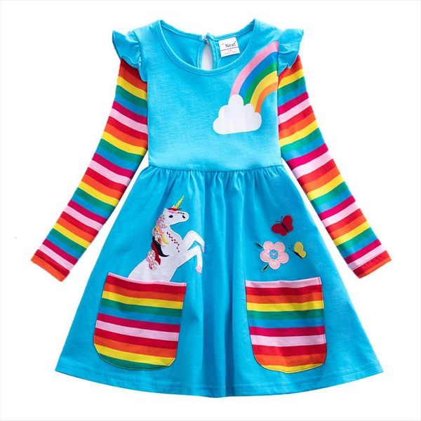 

girl long sleeve unicorn little dresses pony cartoon autumn cotton embroidered pocket rainbow stripe, Red;yellow