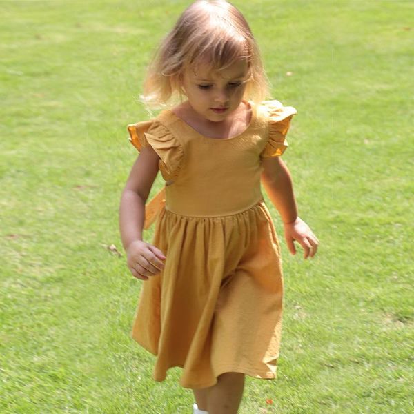 

girl's dresses fashion baby princess dress clothes summer toddler natural linen cotton ruffle sleeves sweet kids clothing girls, Red;yellow