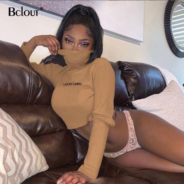 

bclout khaki slim letter print casual shirt crop women blouse fashion long sleeve turtleneck warm streetwear lady women's blou, White