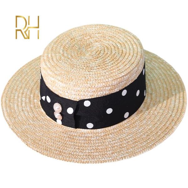 

wide brim hats women summer hat flat natural wheat straw boater ladies dress beach sun white black dot ribbon visor, Blue;gray