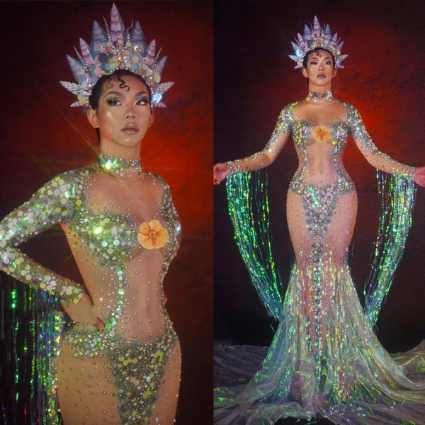 

stage wear night bar female singer full diamond fish scales fringed dress tassels tailing symphony long outfit costume xs3014, Black;red