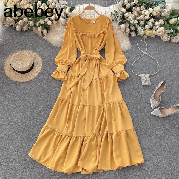 

women dress sweet korean o neck puff sleeve ruffles es summer bohemian print a-line midi long 210512, Black;gray