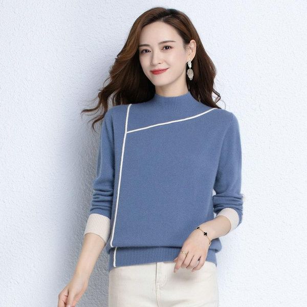 

women's sweaters minimalist women soft cozy wool sweater blue black red gray hair knitted pullover half high neck warm plain knit, White;black