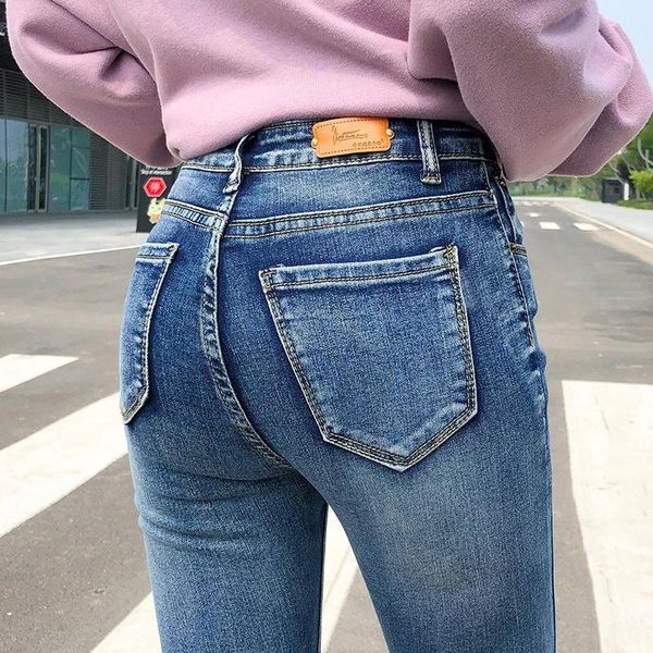 

women's jeans women stretch high waist classic retro lady plus size 36 38 40 skinny pants push up leggings mom pencil trousers, Blue