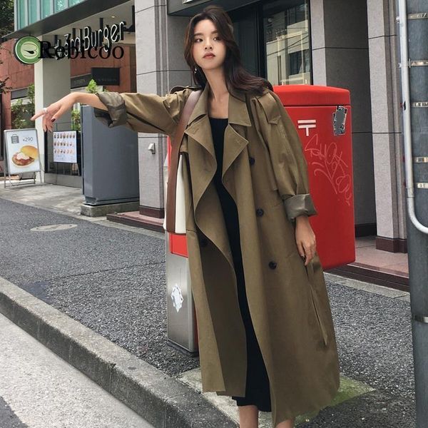 

women's trench coats autumn fashion streetwear luxury ladies double-breasted long classic loose plus size women raincoat outerwear, Tan;black