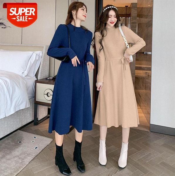 

korean temperament simple knitted half high neck dress women's solid color over-the-knee base sweater #n92y, Black;gray