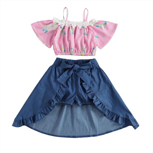 

girls summer three piece set fashion stripe daisy cropped and solid color short pants with wrapped skirt, White