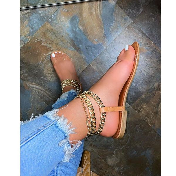 

sandals 2021 summer style flat fashion solid color chain open toe outdoor women's shoes plus size 43, Black