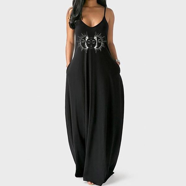 

casual dresses boho women long dress loose pocket summer fashion beach style sleeveless temperamental maxi robe vestido de mujer, Black;gray