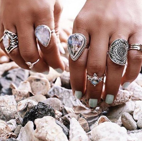 

jewelry 7-piece joint ring geometric ellipse moon totem set ring, Golden;silver