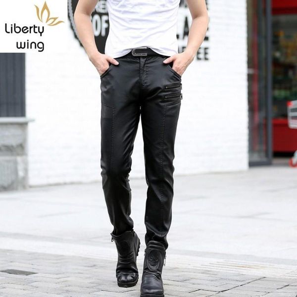 

men's pants fashion mens skinny pu motorcycle pencil zipper slim fit faux leather trousers punk long plus size m-5xl, Black