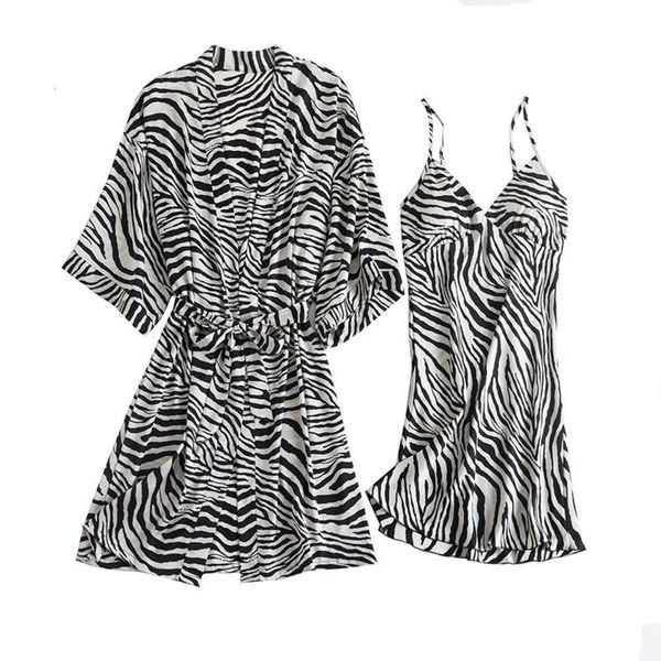 

women striped robe set satin kimono gown silky 2pcs sleepwear summer sleep female v-neck nighty&robe homewear women's pzri, Black;red