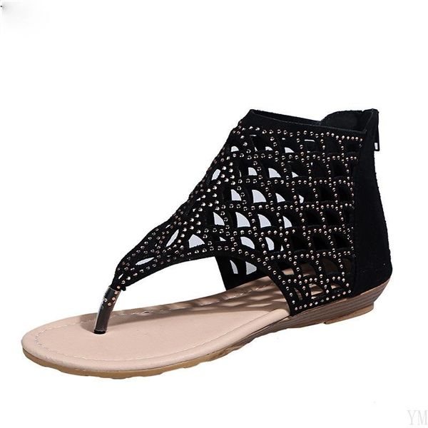 

sandals women summer flip flops beach flat heels shoes woman vintage crystal hollow out sandalias back zip mujer sapato feminino, Black