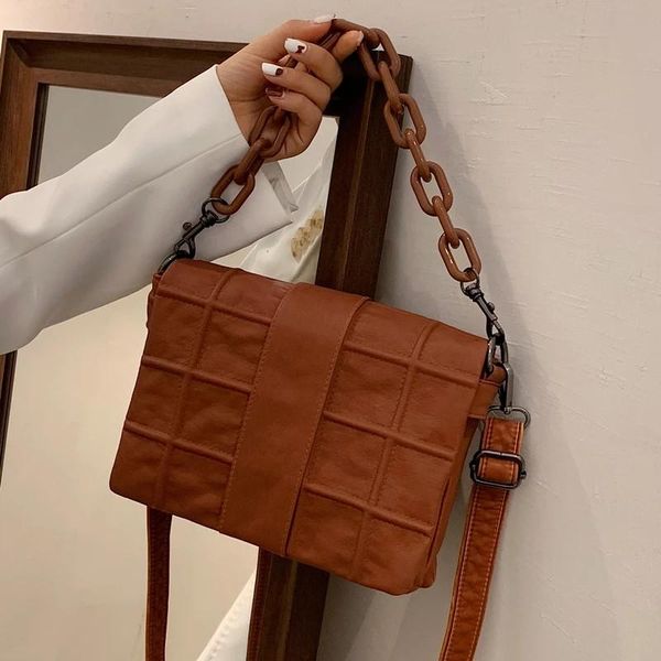 

evening bags vintage flip flap for women crossbody bag quality soft pu leather thick chain shoulder female handbag and purse brown