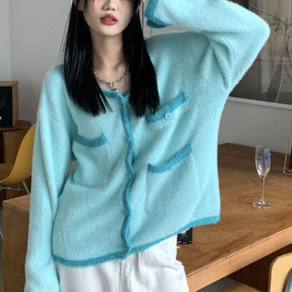 

women's knits & tees soft waxy contrast color loose knit coat autumn salt outside wearing age reducing long sleeved sweater women, White