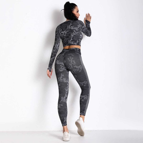 

seamls knitting camouflage suit high elastic corset long sleeve yoga pant, Gray