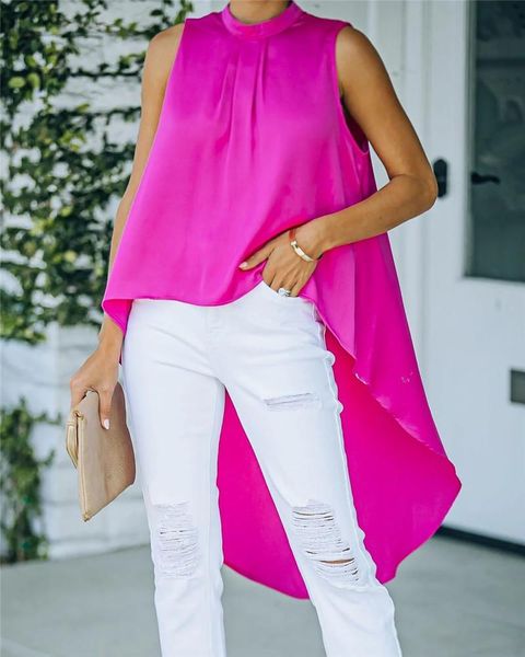 

women's blouses & shirts fashion women summer solid color blouse irregular hollow out design button decor o-neck sleeveless loose pullo, White