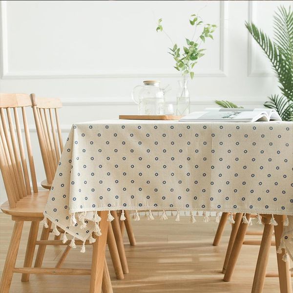 

table cloth blue daisy printed garden cotton linen tablecloth wholesale household cover towel tassel lace