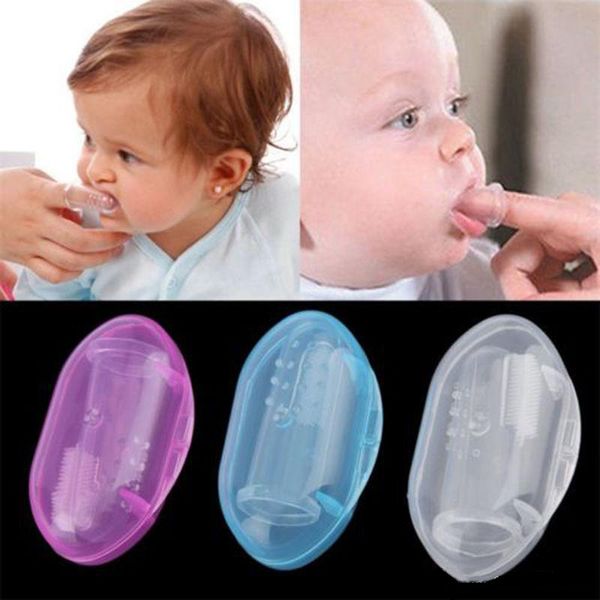 Suprimentos de banheiro escova de dentes de borracha macia com caixa silicone dedo escova de dentes massageador para bebê infantil limpeza escova de dentes treinamento atacado prático