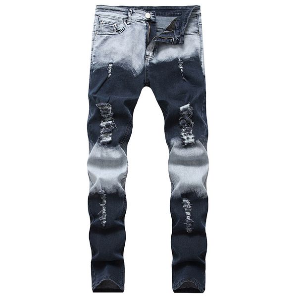 

mens casual two colors jeans ripped distressed denim hiphop knees holes pant washed high quality, Blue