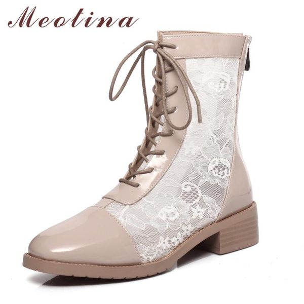 

boots meotina women ankle shoes flower mid heel lace up square heels short cutouts zip lady autumn black 43
