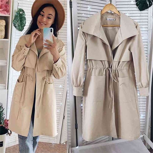 

women trench long section solid color coat light weight casual lady's windbreak collection 210820, Tan;black
