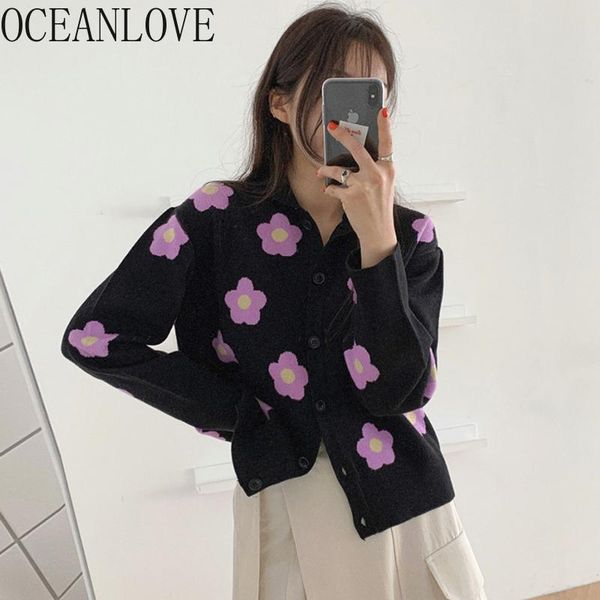 

women's knits & tees oceanlove print flower women sweaters sweet korean vintage autumn winter cardigans elegant 2021 ins chaquetas muje, White